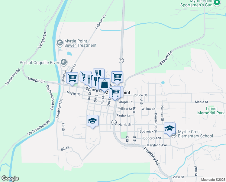 map of restaurants, bars, coffee shops, grocery stores, and more near 711 Spruce Street in Myrtle Point