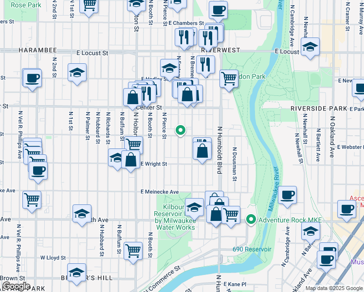 map of restaurants, bars, coffee shops, grocery stores, and more near 2552-2554 North Fratney Street in Milwaukee