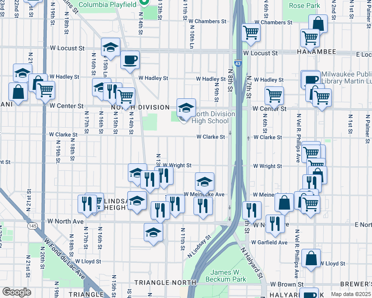 map of restaurants, bars, coffee shops, grocery stores, and more near 2544 North 11th Street in Milwaukee