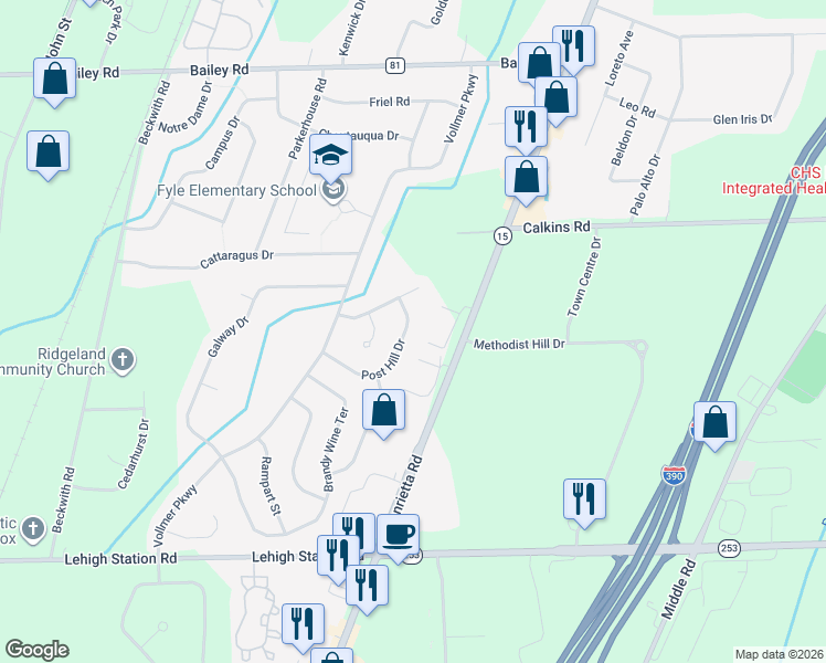 map of restaurants, bars, coffee shops, grocery stores, and more near 20 Post Hill Drive in Rochester