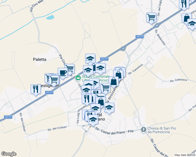 map of restaurants, bars, coffee shops, grocery stores, and more near 188 Via Pievaiola in Castel del Piano