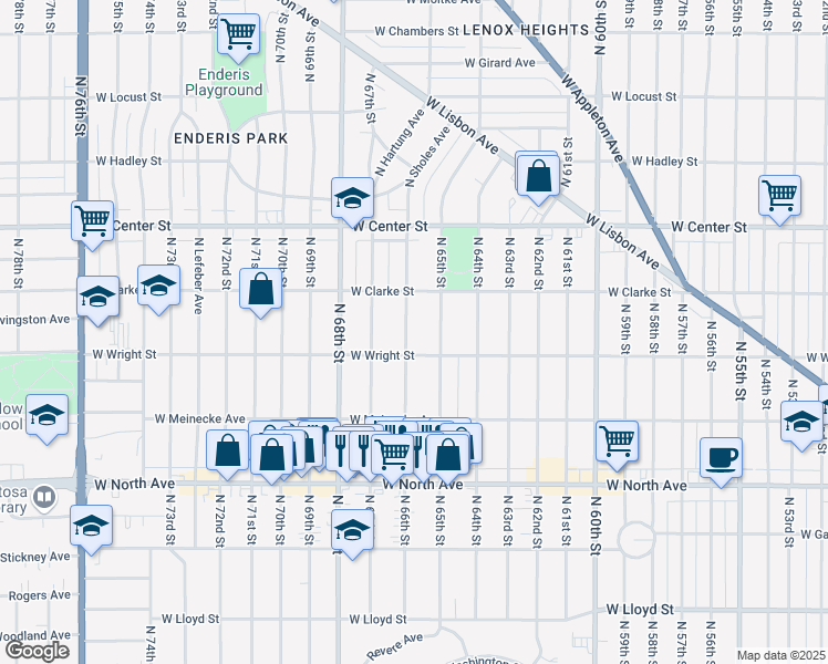 map of restaurants, bars, coffee shops, grocery stores, and more near 2528 North 66th Street in Wauwatosa