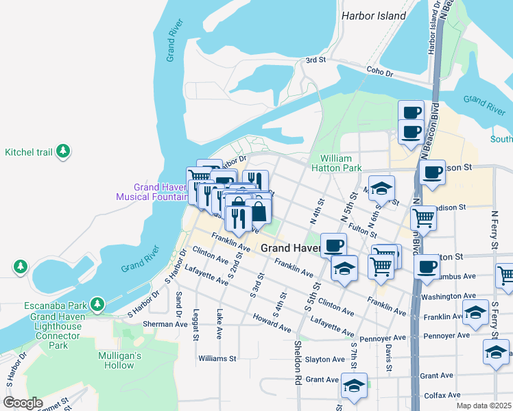 map of restaurants, bars, coffee shops, grocery stores, and more near 133 Columbus Avenue in Grand Haven