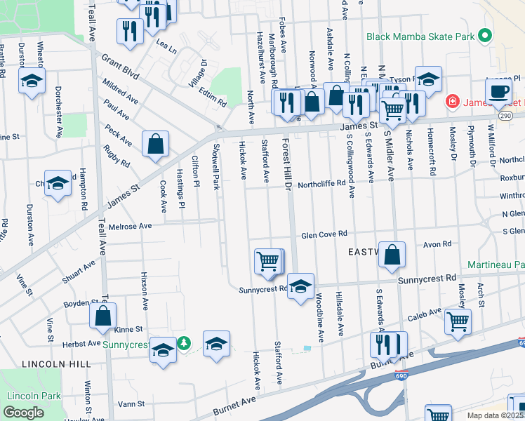 map of restaurants, bars, coffee shops, grocery stores, and more near 232 Stafford Ave in Syracuse