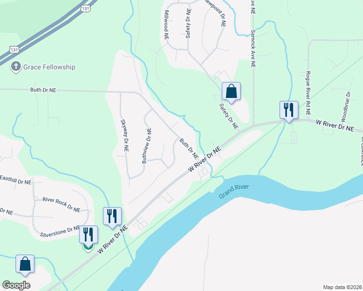 map of restaurants, bars, coffee shops, grocery stores, and more near 1340 Buth Drive Northeast in Comstock Park