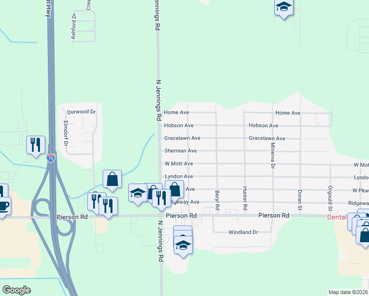 map of restaurants, bars, coffee shops, grocery stores, and more near 4157 O'Connor Road in Flint
