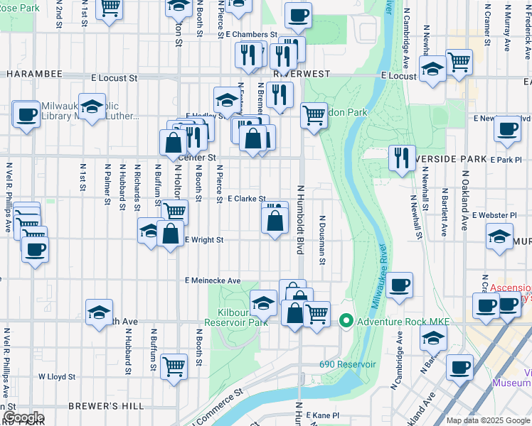 map of restaurants, bars, coffee shops, grocery stores, and more near 2552-2554 North Bremen Street in Milwaukee