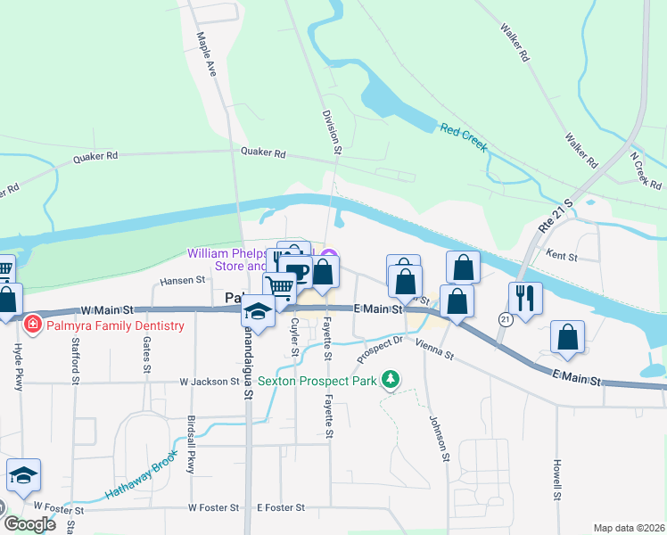 map of restaurants, bars, coffee shops, grocery stores, and more near 312 Canal Street in Palmyra