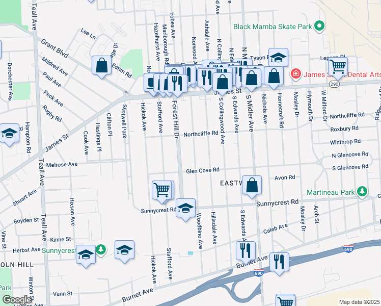map of restaurants, bars, coffee shops, grocery stores, and more near 238 Woodbine Avenue in Syracuse