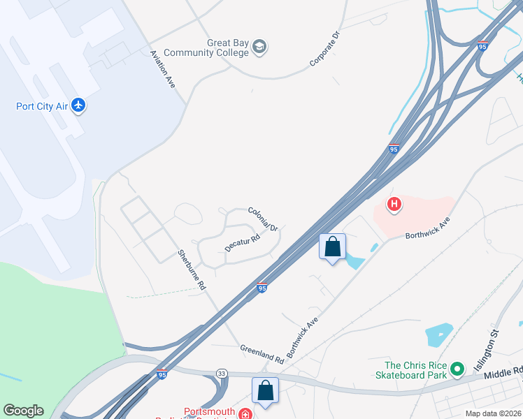 map of restaurants, bars, coffee shops, grocery stores, and more near 403 Colonial Drive in Portsmouth