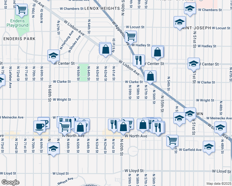 map of restaurants, bars, coffee shops, grocery stores, and more near 2530 North 61st Street in Milwaukee