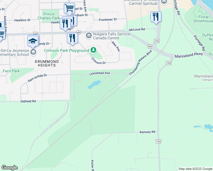 map of restaurants, bars, coffee shops, grocery stores, and more near Green Vista Gate in Niagara Falls