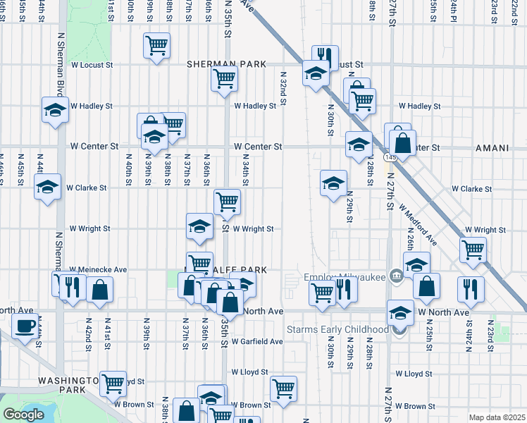 map of restaurants, bars, coffee shops, grocery stores, and more near 2532 North 33rd Street in Milwaukee
