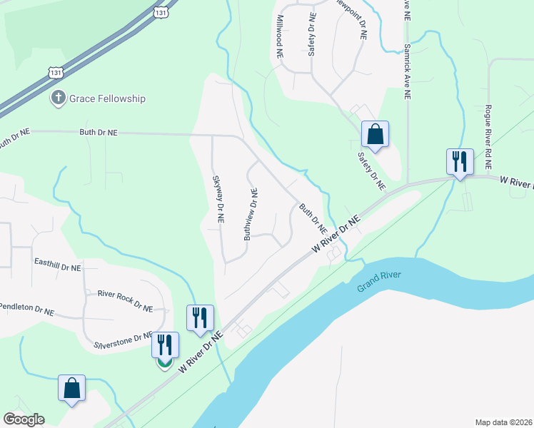 map of restaurants, bars, coffee shops, grocery stores, and more near 5620 Skyhills Court Northeast in Comstock Park