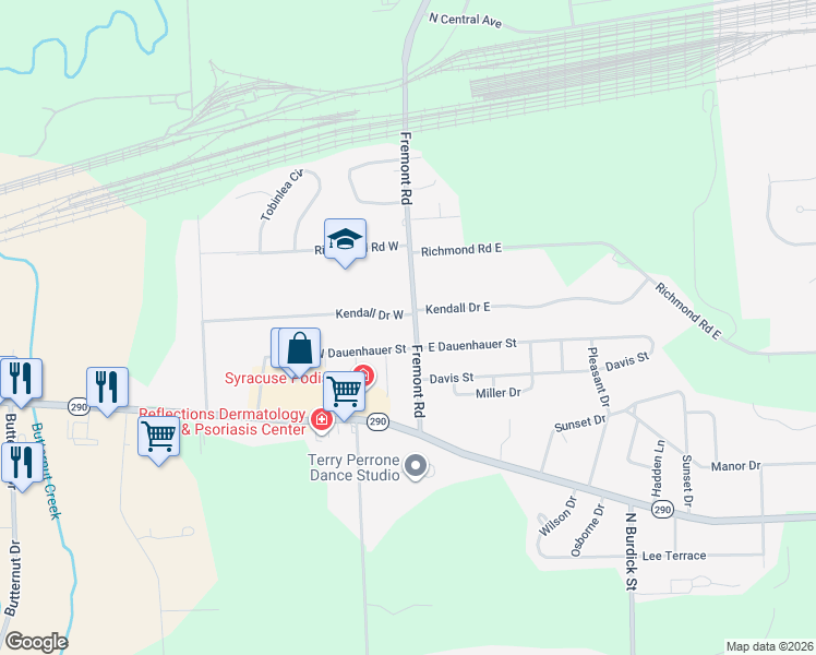 map of restaurants, bars, coffee shops, grocery stores, and more near 303 Fremont Road in East Syracuse