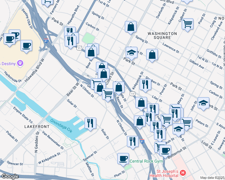 map of restaurants, bars, coffee shops, grocery stores, and more near 206 Sunset Avenue in Syracuse