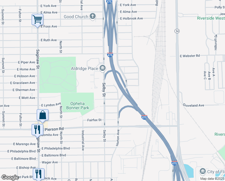 map of restaurants, bars, coffee shops, grocery stores, and more near 1123 East Mott Avenue in Flint