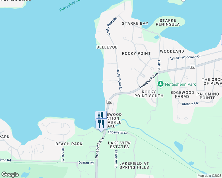 map of restaurants, bars, coffee shops, grocery stores, and more near W277N2531 Rocky Point Road in Pewaukee