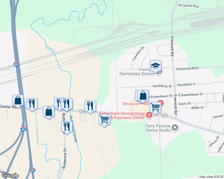 map of restaurants, bars, coffee shops, grocery stores, and more near 6063 Manlius Town Line Road in East Syracuse