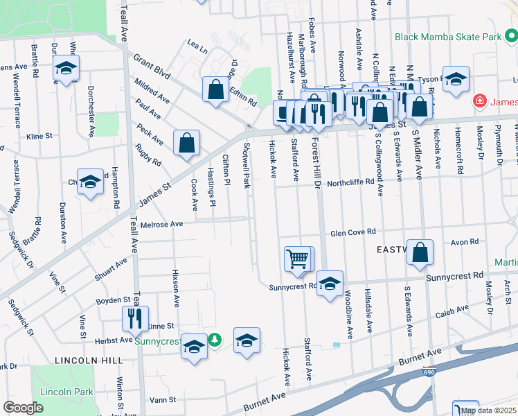map of restaurants, bars, coffee shops, grocery stores, and more near 181 Shotwell Park in Syracuse
