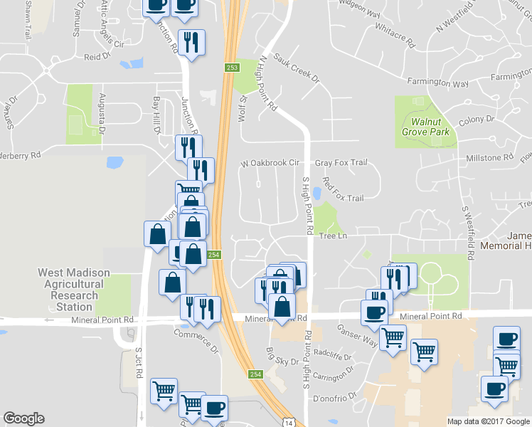 map of restaurants, bars, coffee shops, grocery stores, and more near 9 Sandy Court in Madison