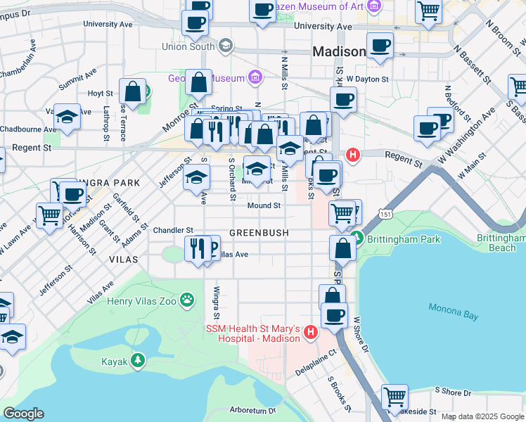 map of restaurants, bars, coffee shops, grocery stores, and more near 1129 Mound Street in Madison