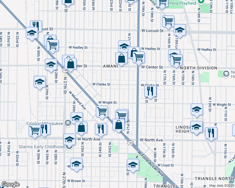 map of restaurants, bars, coffee shops, grocery stores, and more near 2537 North 22nd Street in Milwaukee