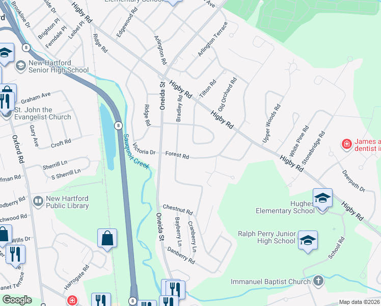 map of restaurants, bars, coffee shops, grocery stores, and more near 7 Forest Rd in Utica