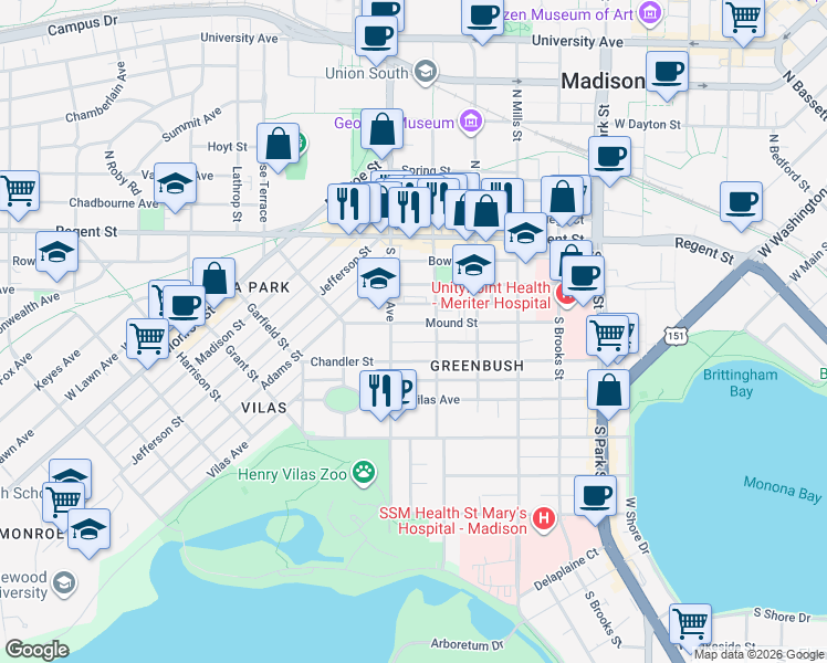 map of restaurants, bars, coffee shops, grocery stores, and more near 1319 Mound Street in Madison
