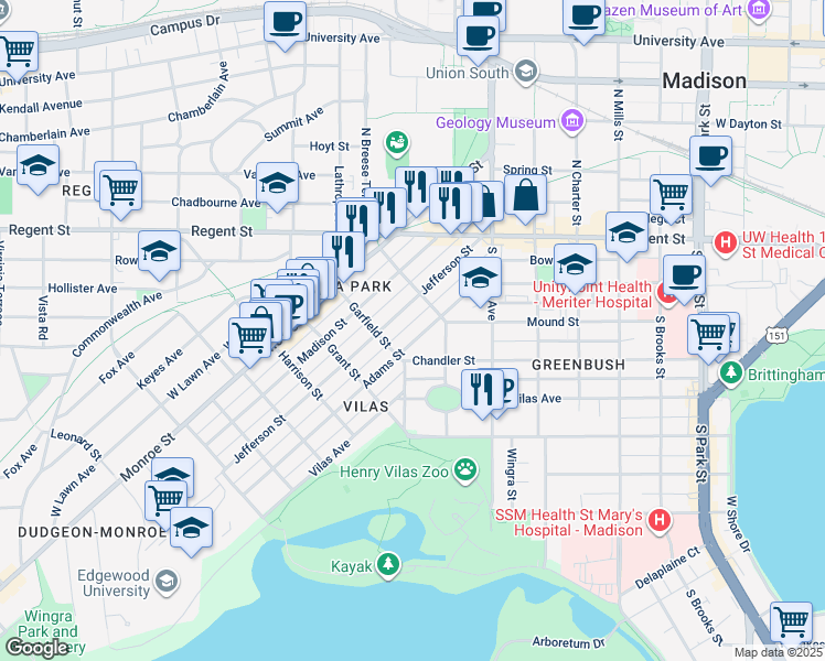 map of restaurants, bars, coffee shops, grocery stores, and more near 1620 Adams St in Madison