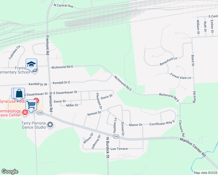 map of restaurants, bars, coffee shops, grocery stores, and more near 215 East Dauenhauer Street in East Syracuse