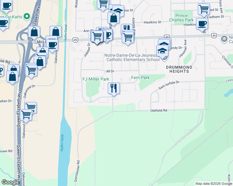 map of restaurants, bars, coffee shops, grocery stores, and more near 6832 Sunrise Court in Niagara Falls