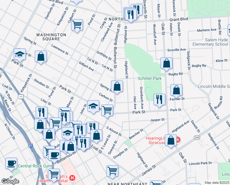 map of restaurants, bars, coffee shops, grocery stores, and more near 18 Spring Street in Syracuse