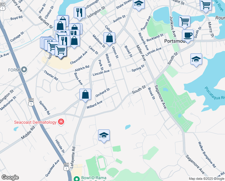 map of restaurants, bars, coffee shops, grocery stores, and more near 42 Orchard Street in Portsmouth