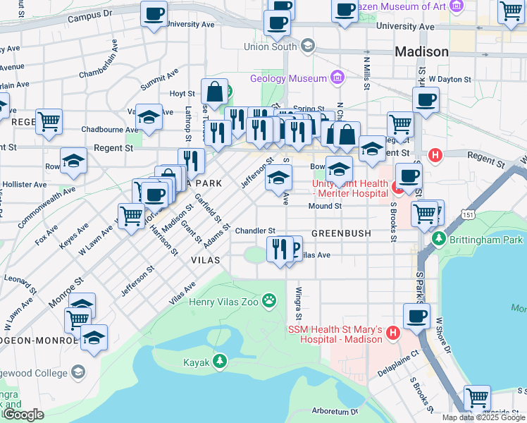 map of restaurants, bars, coffee shops, grocery stores, and more near 1443 Mound Street in Madison