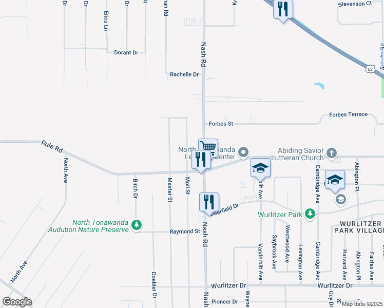 map of restaurants, bars, coffee shops, grocery stores, and more near 1537 Moll Street in North Tonawanda