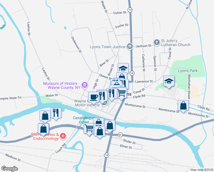 map of restaurants, bars, coffee shops, grocery stores, and more near 66 Broad Street in Lyons