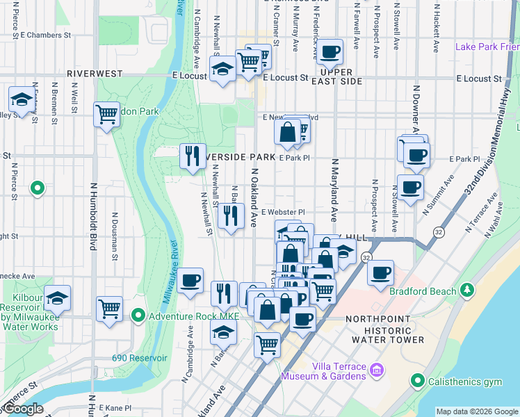 map of restaurants, bars, coffee shops, grocery stores, and more near 1806 East Webster Place in Milwaukee