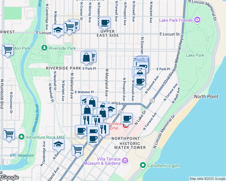 map of restaurants, bars, coffee shops, grocery stores, and more near 2555 North Farwell Avenue in Milwaukee