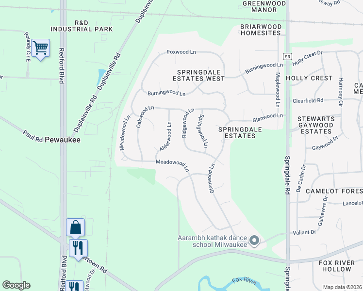 map of restaurants, bars, coffee shops, grocery stores, and more near W224N2513 Ridgewood Lane in Waukesha