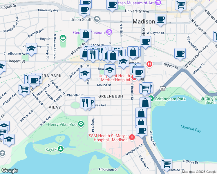 map of restaurants, bars, coffee shops, grocery stores, and more near 1207 Mound Street in Madison