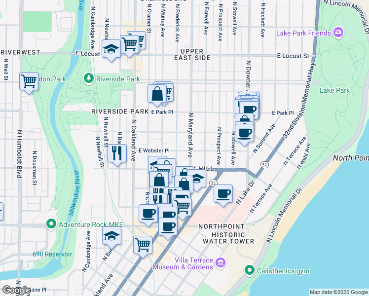 map of restaurants, bars, coffee shops, grocery stores, and more near 2120 East Webster Place in Milwaukee