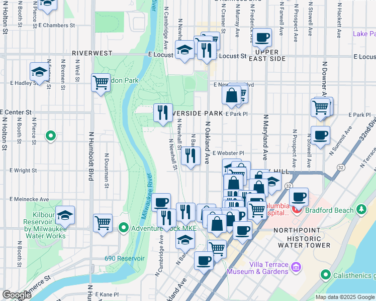 map of restaurants, bars, coffee shops, grocery stores, and more near 2557 North Bartlett Avenue in Milwaukee