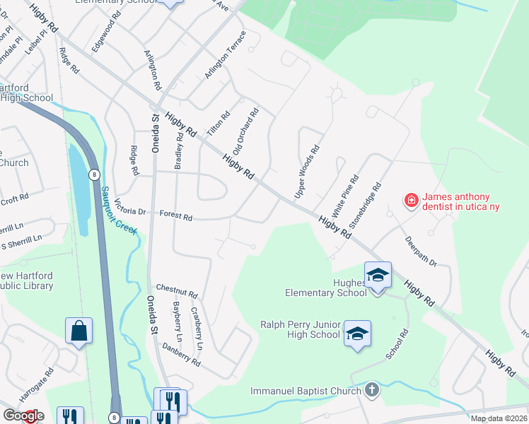 map of restaurants, bars, coffee shops, grocery stores, and more near 25 West Forest Road in Utica