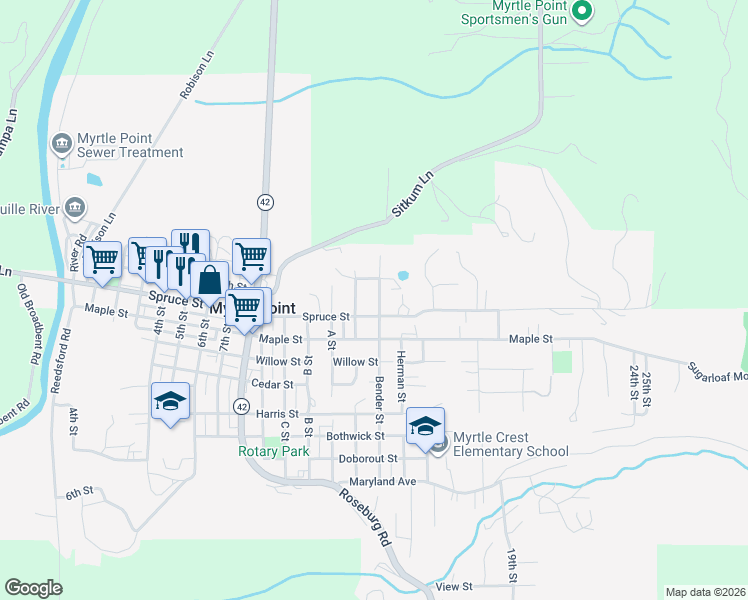 map of restaurants, bars, coffee shops, grocery stores, and more near 230 Bender Street in Myrtle Point