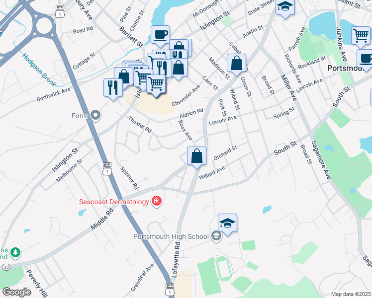 map of restaurants, bars, coffee shops, grocery stores, and more near 28 Kensington Road in Portsmouth