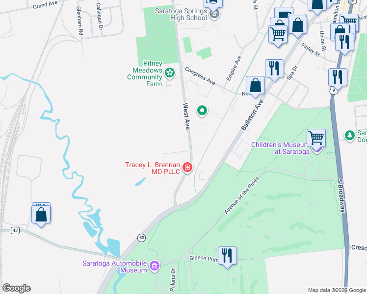 map of restaurants, bars, coffee shops, grocery stores, and more near 285 West Avenue in Saratoga Springs