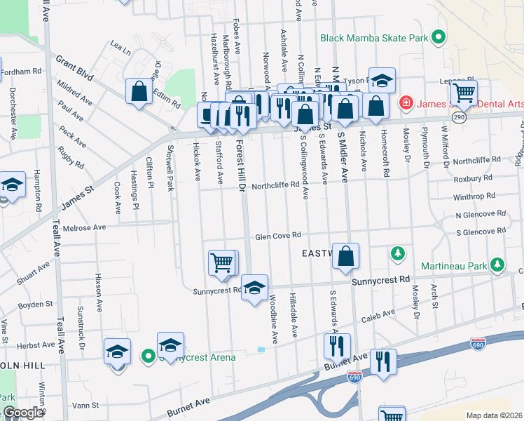 map of restaurants, bars, coffee shops, grocery stores, and more near 238 Woodbine Avenue in Syracuse