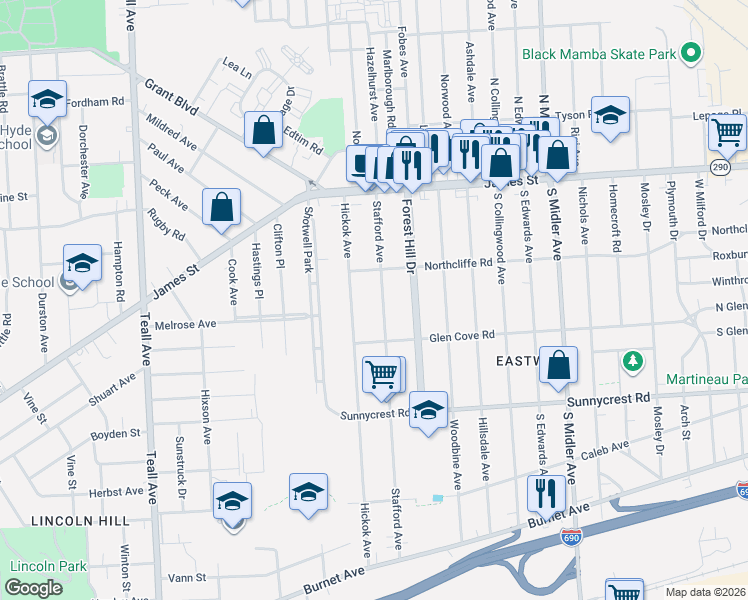 map of restaurants, bars, coffee shops, grocery stores, and more near 232 Stafford Avenue in Syracuse