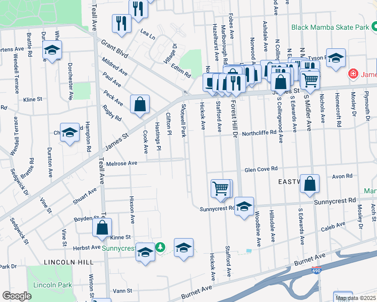 map of restaurants, bars, coffee shops, grocery stores, and more near 181 Shotwell Park in Syracuse
